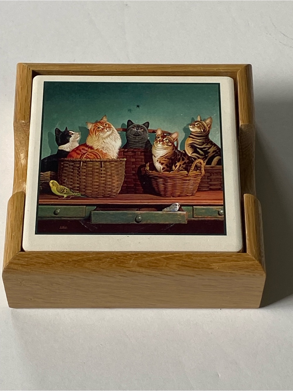 Braldt Bralds “Basket Cases” Coasters Cats Art Wood Holder Set Of 4 Ceramic cork